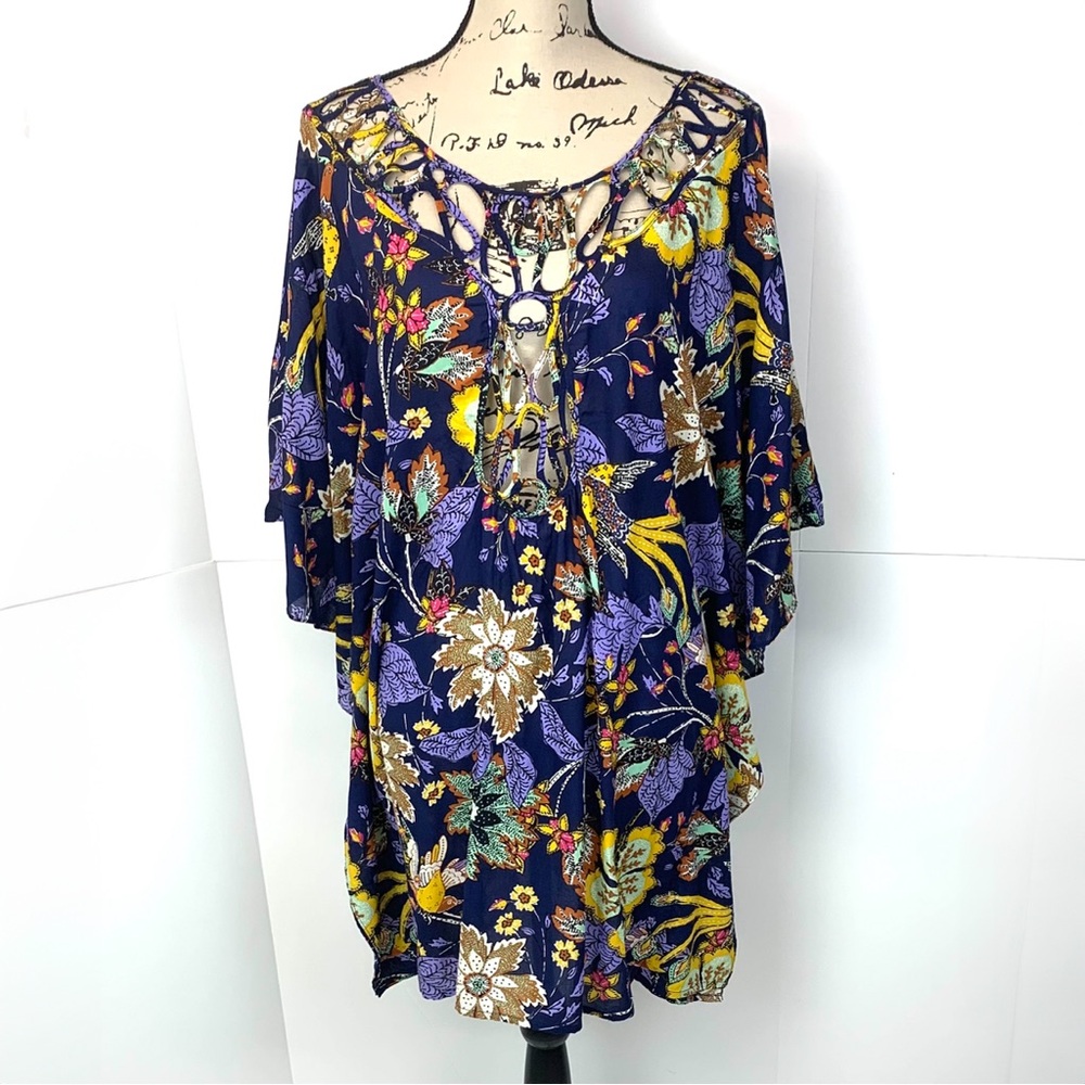 Anthropologie Size S/M Cutout Floral Mini Dress Boho Floral Birds Oversized